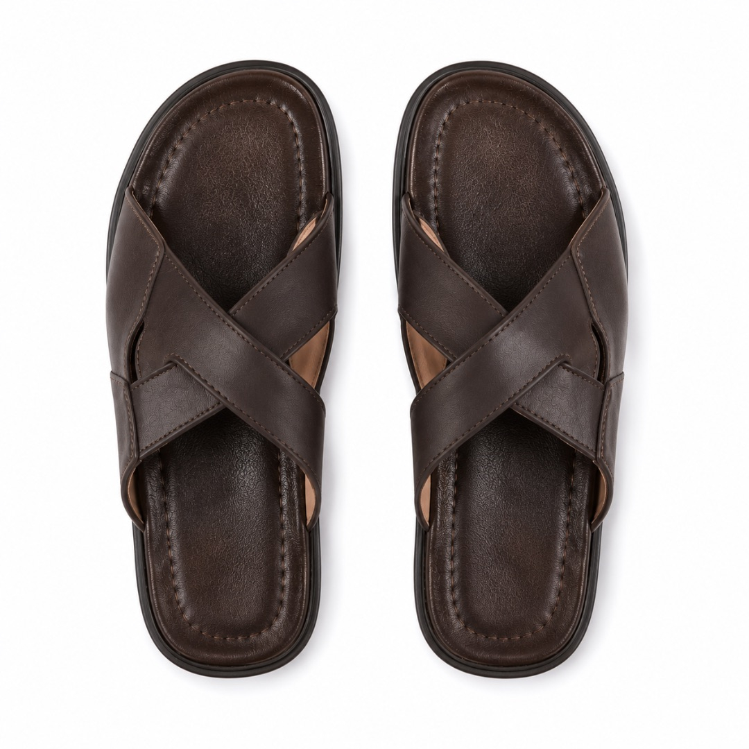 Mens Dark Brown Leather Cross Strap Slides